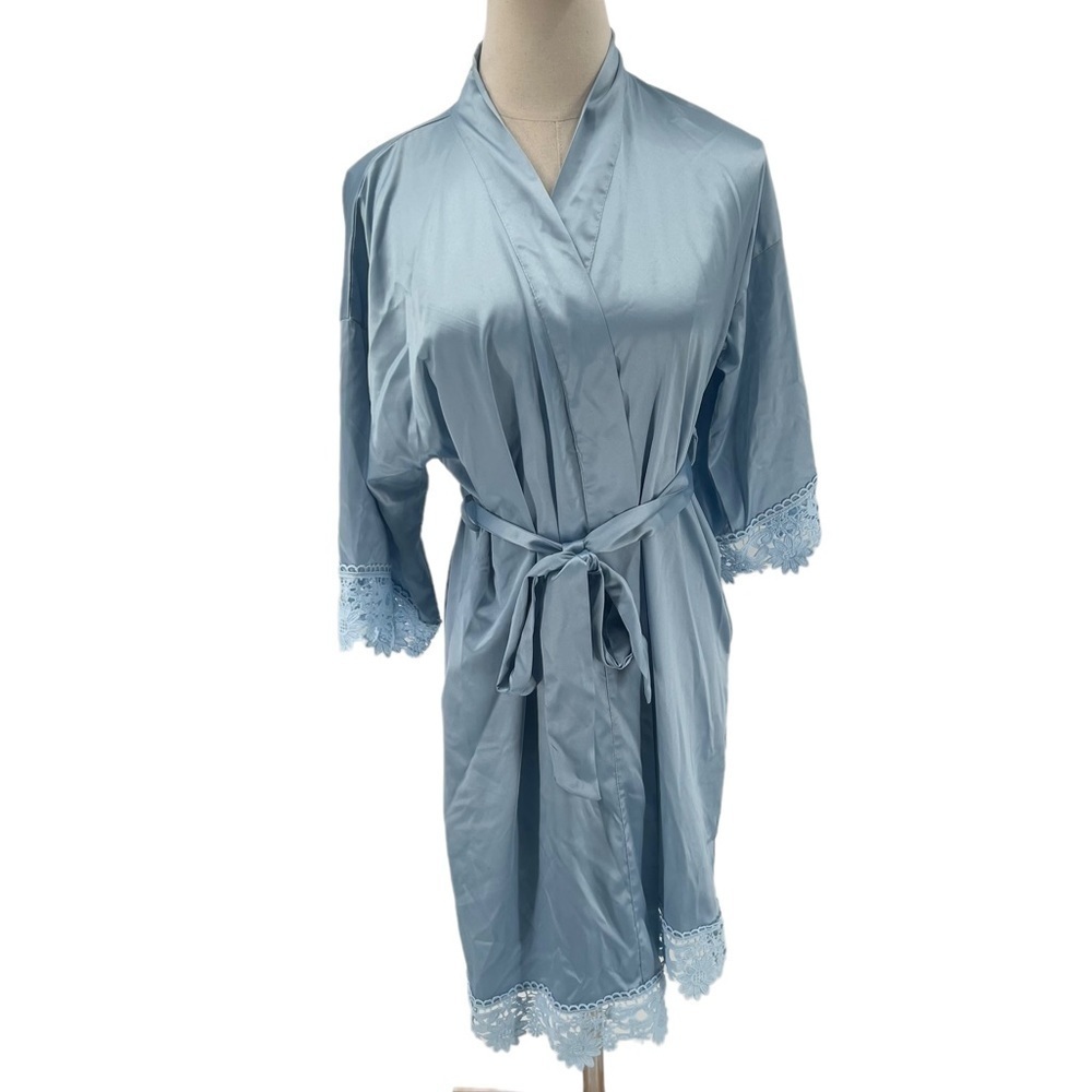 Sioro Blue Satin Kimono 3/4 Sleeve Lace Trimmed Robe Size Small Women's